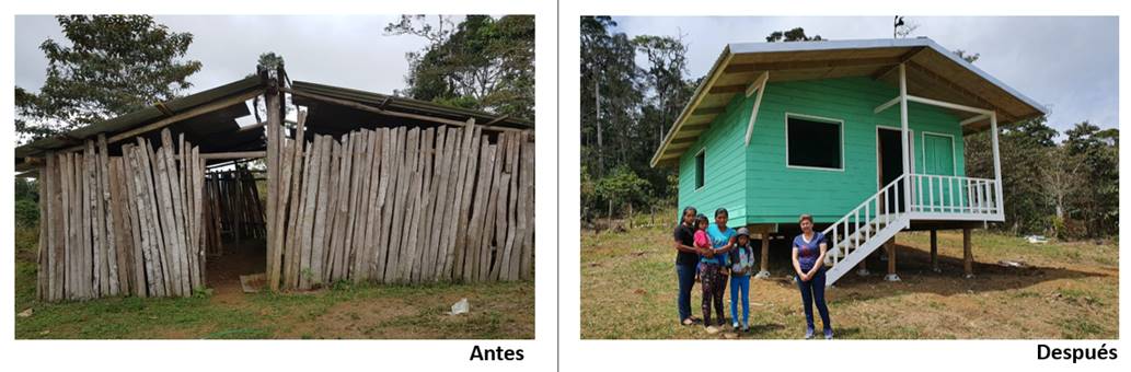 Fotografía de cómo vivía una familia antes y el después de tener una vivienda nueva.